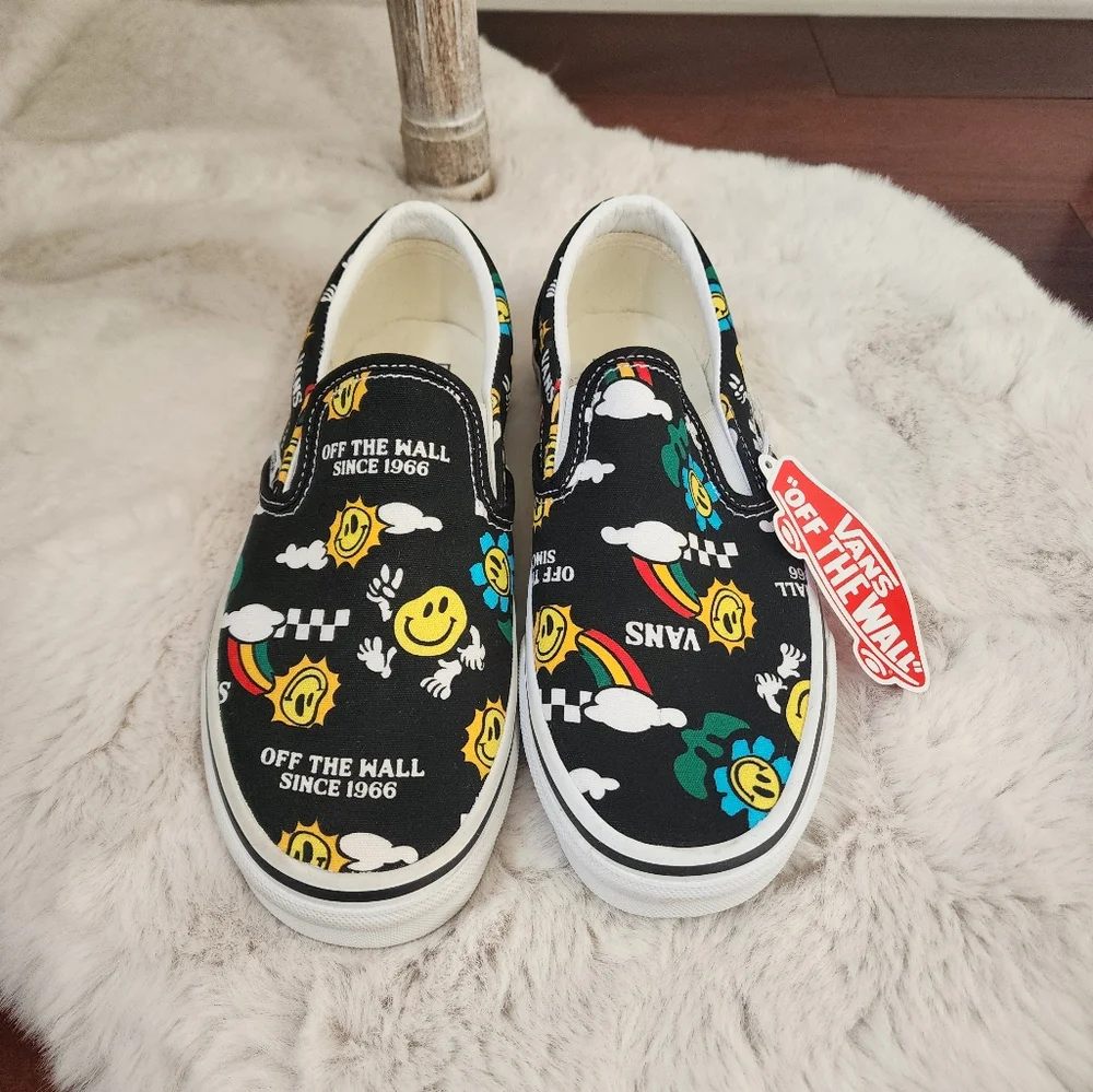 Vans Slip-On Shoes with Smiley Faces Graphics. Happy Vibes. Brand New. Size 7. - Picture 2 of 7